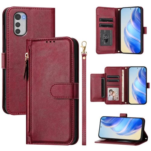 Funda de Cuero con Cremallera y Ranuras para Tarjetas para Motorola Moto E32 Global (Rojo Oscuro)