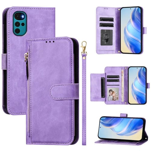 Funda de Cuero con Cremallera y Ranuras para Tarjetas para Motorola Moto E32 India/E32S/G22 (Morado)