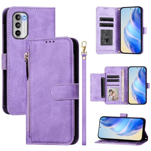 Funda de Cuero con Cremallera y Ranuras para Tarjetas para Motorola Moto G 5G (2022) (Morado)