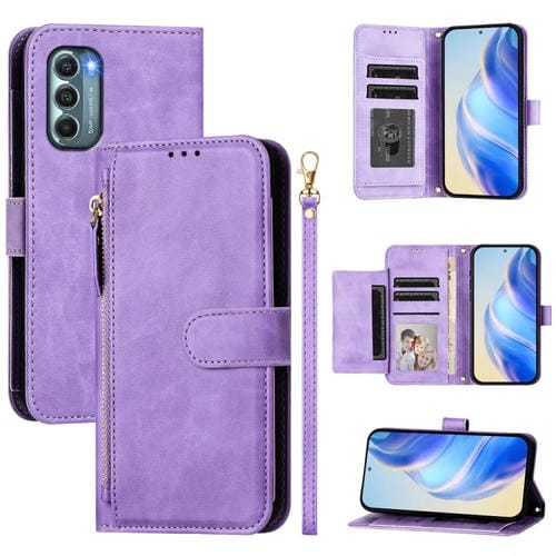 Funda de Cuero con Cremallera y Ranuras para Tarjetas para Motorola Moto G Stylus 5G (2022) (Morado)