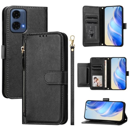 Funda de Cuero con Cremallera y Ranuras para Tarjetas para Motorola Moto G24 Power India (Negro)