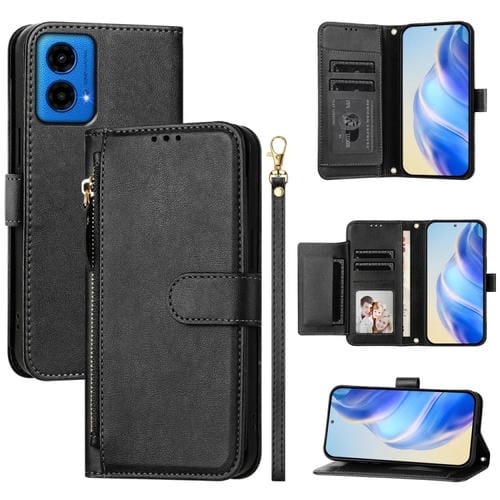 Funda de Cuero con Cremallera y Ranuras para Tarjetas para Motorola Moto G45 5G/G34 5G (Negro)