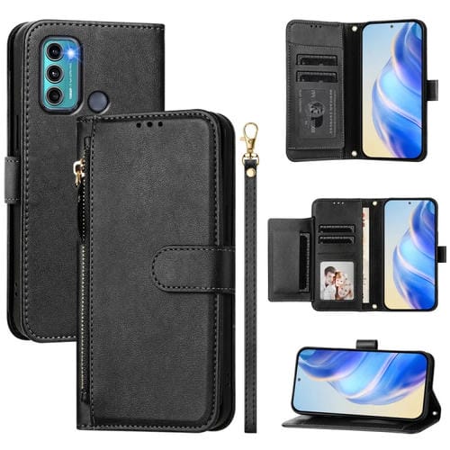 Funda de Cuero con Cremallera y Ranuras para Tarjetas para Motorola Moto G60 Moto G40 Fusion (Negro)