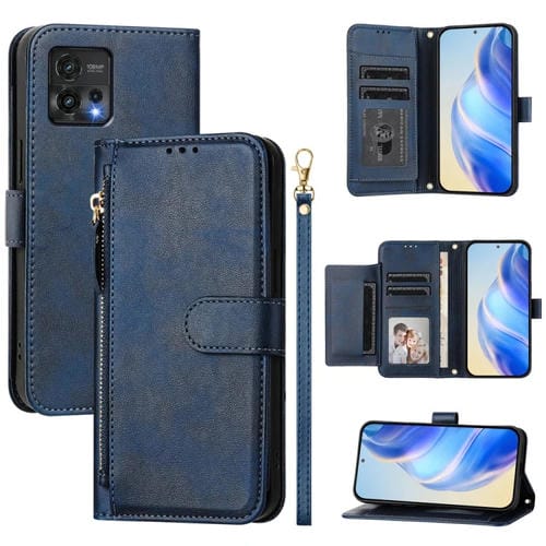 Funda de Cuero con Cremallera y Ranuras para Tarjetas para Motorola Moto G72 (Azul)