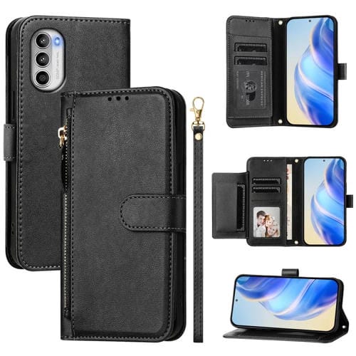 Funda de Cuero con Cremallera y Ranuras para Tarjetas para Motorola Moto G82/G52/G71S (Negra)