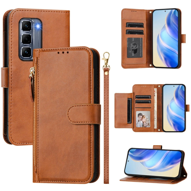 Funda de Cuero con Cremallera y Ranuras para Tarjetas para Infinix Hot 50 Pro+ 4G (Marrón)