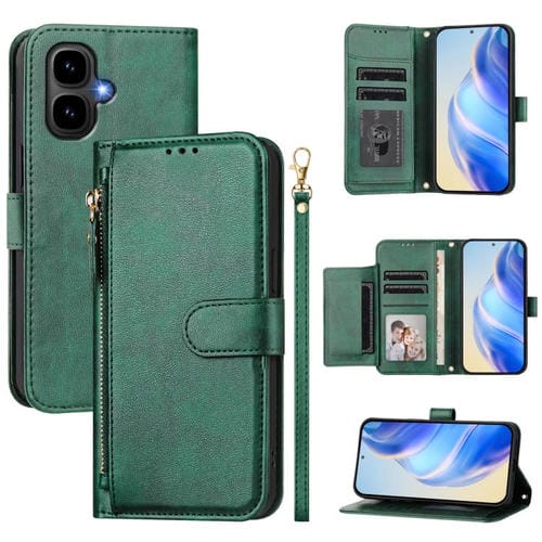Funda de cuero con cremallera para Infinix Smart 10 4G con ranuras para múltiples tarjetas (verde)