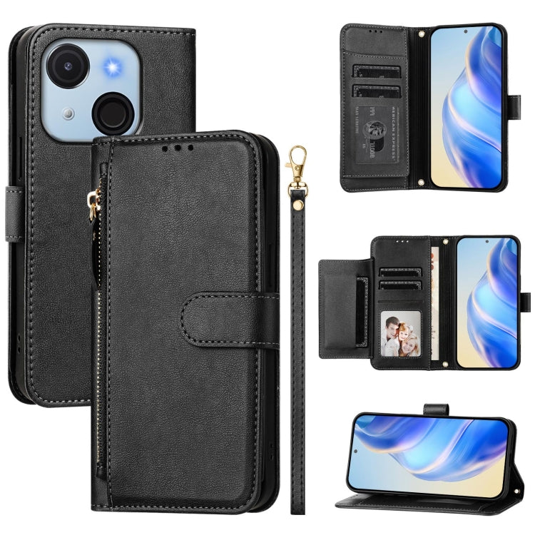 Funda de Cuero con Cremallera y Ranuras para Tarjetas para Itel A50C (Negra)