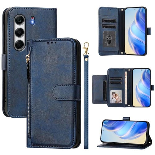 Funda de Cuero con Cremallera y Ranuras para Múltiples Tarjetas para Tecno Camon 40 Pro 4G (Azul)