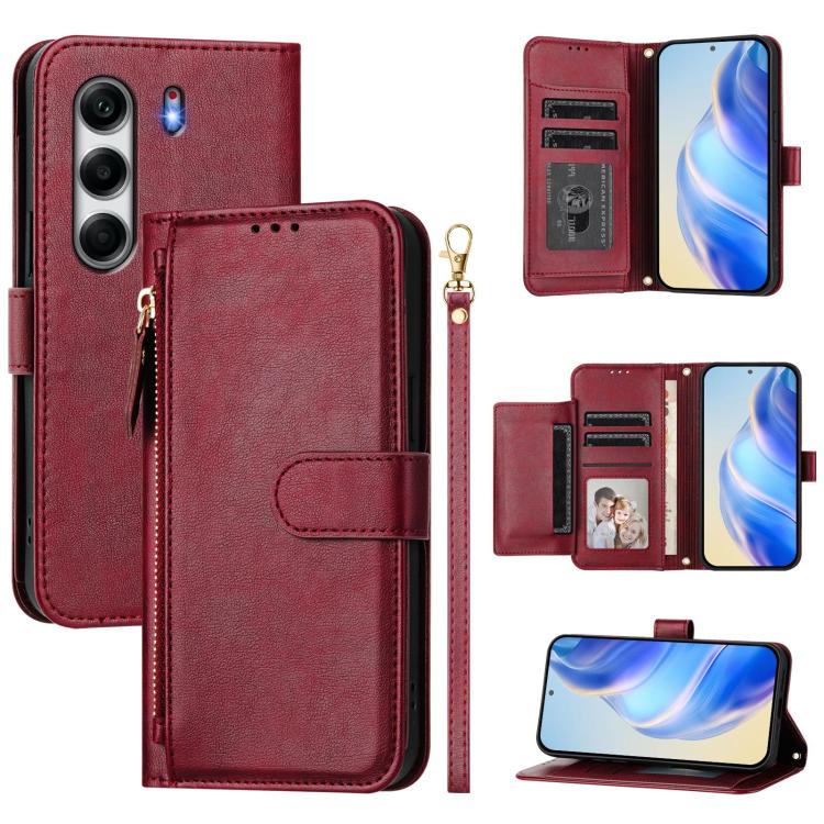 Funda de Cuero con Cremallera para Tecno Camon 40 Pro 4G con Ranuras para Tarjetas (Rojo Oscuro)