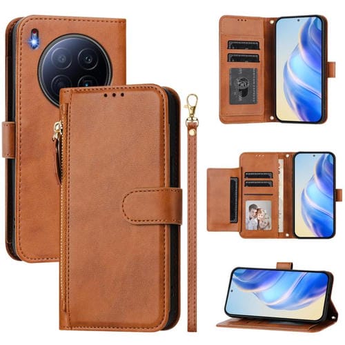 Funda de cuero con cremallera para Tecno Camon 40 Premier, con ranuras para múltiples tarjetas (marrón)