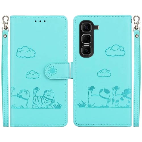 Funda de cuero RFID con diseño de gatos para Infinix Hot 50 Pro 4G (verde)