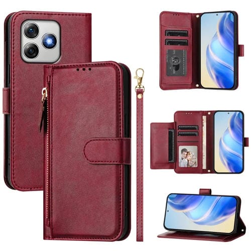 Funda de Cuero para Ulefone Note 18 Ultra con Cremallera y Ranuras para Tarjetas (Rojo Oscuro)