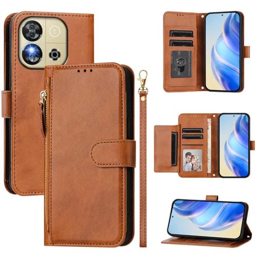 Funda de Cuero con Cremallera y Ranuras para Tarjetas para Oukitel C57S (Marrón)