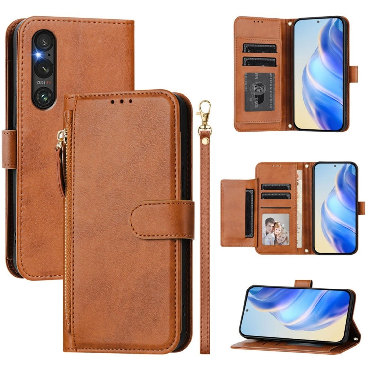 Funda de Cuero para Sony Xperia 1 V con Cremallera y Ranuras para Tarjetas (Marrón)