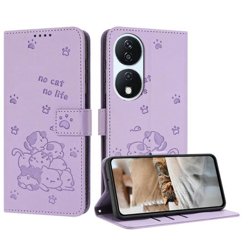 Funda de Piel para Honor X7B 4G/5G con Diseño de Gatito en Relieve y Cordón (Morado)