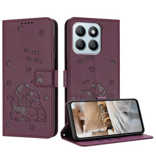 Funda de Piel con Diseño de Gatito en Relieve y Cordón para Honor X8B (Rojo Vino)