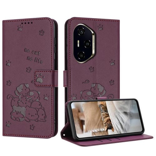 Funda de Piel para Honor 300 Pro con Diseño de Gatito en Relieve y Cordón (Rojo Vino)