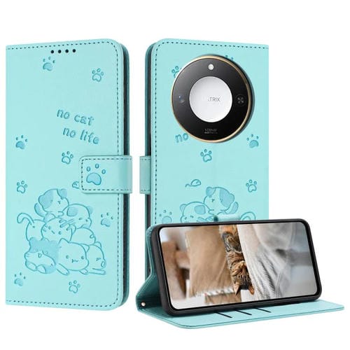 Funda de Cuero Honor X60/X9C con Diseño de Gatito en Relieve y Cordón (Verde Menta)