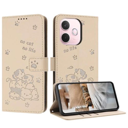 Funda de Piel con Estampado de Gatito y Cordón para Oppo A5 Pro 5G (Beige)