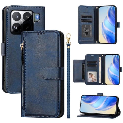 Funda de cuero con cremallera y ranuras para múltiples tarjetas para Xiaomi 15S Pro (azul)