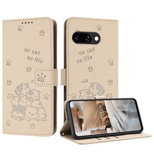 Funda de Cuero Google Pixel 9A con Diseño de Gatito en Relieve y Cordón (Beige)