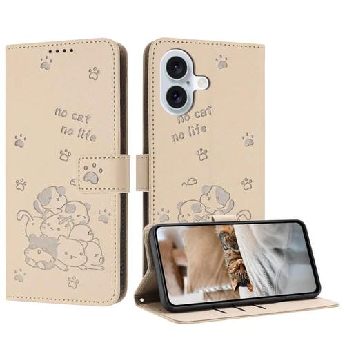 Funda de piel con diseño de gatito en relieve para iPhone 17 con cordón (beige)