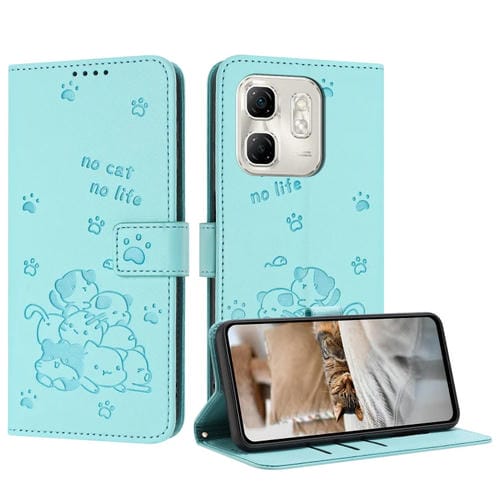 Funda de Cuero Infinix Smart 9 5G Hot 50I 5G con Diseño de Gatito y Cordón (Verde Menta)
