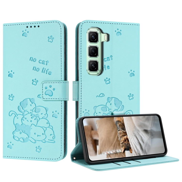 Funda de Cuero Infinix Hot 50 Pro+ 4G con Diseño de Gatito en Relieve y Cordón (Verde Menta)