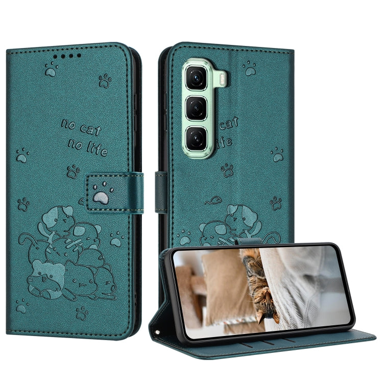 Funda de Cuero Infinix Hot 50 Pro+ 4G con Diseño de Gatito en Relieve y Cordón (Verde Oscuro)