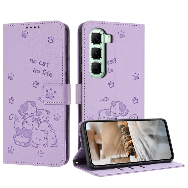 Funda de Cuero Infinix Hot 50 Pro 4G con Diseño de Gatito En Relieve y Cordón (Morado)
