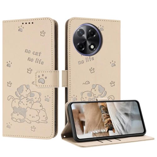 Funda de Piel para Tecno Camon 30S con Diseño de Gatito en Relieve y Cordón (Beige)