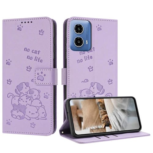 Funda de Cuero Motorola Moto G 5G (2024) con Diseño de Gatito en Relieve y Cordón (Morado)