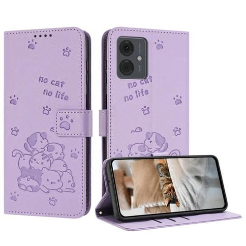 Funda de Cuero Motorola Moto G04/G24/G04S con Diseño de Gatito En Relieve y Cordón (Morado)