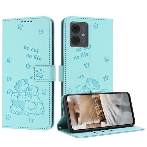 Funda de Piel para Motorola Moto G14 con Diseño de Gatito en Relieve y Cordón (Verde Menta)