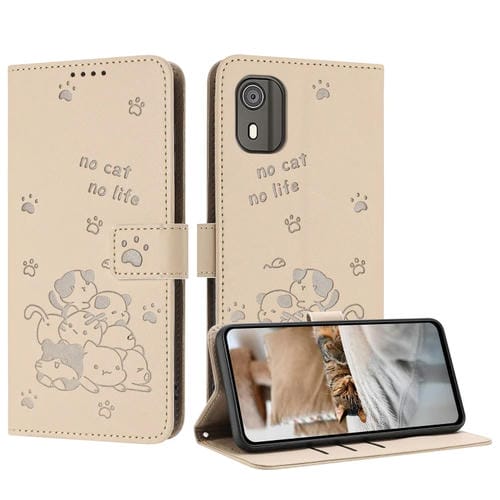 Funda de Cuero con Cordón para Nokia C02 con Gatito en Relieve (Beige)