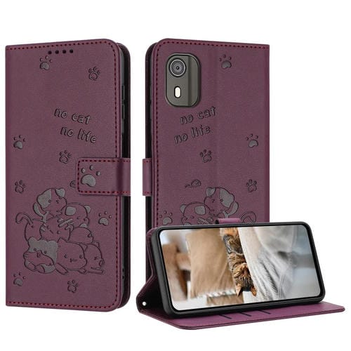 Funda de Cuero con Cordón para Teléfono Nokia C02 con Gatito en Relieve (Rojo Vino)