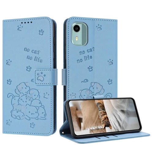 Funda de Cuero para Nokia C12 con Diseño de Gatito En Relieve y Cordón (Azul)