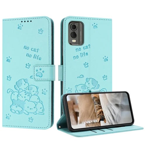 Funda de Cuero para Nokia C32 con Diseño de Gatito en Relieve y Cordón (Verde Menta)