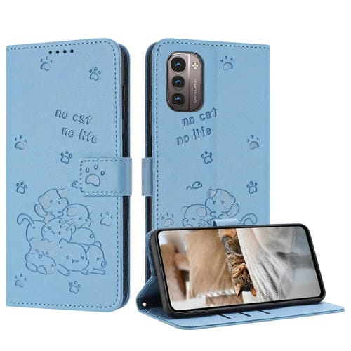 Funda de Cuero para Nokia G11/G21 con Diseño de Gatito en Relieve y Cordón (Azul)