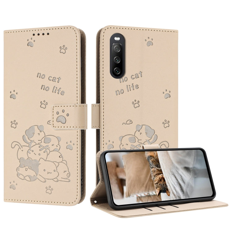 Funda de Cuero Sony Xperia 10 IV con Diseño de Gatito en Relieve y Cordón (Beige)
