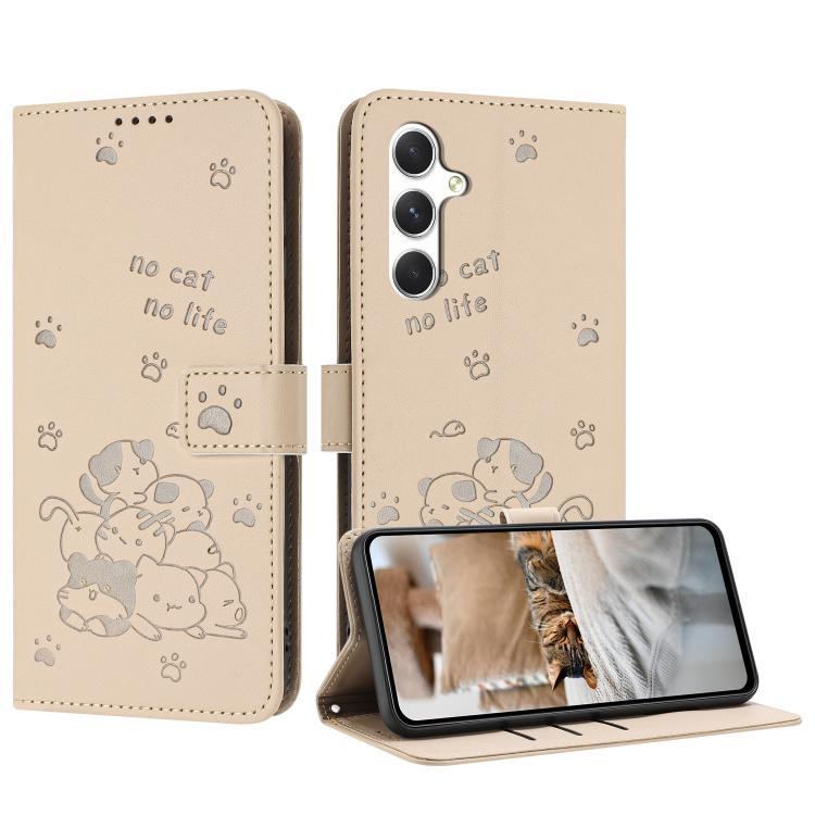 Funda de piel con diseño de gatito en relieve y cordón para Samsung Galaxy A17 5G/A26 5G (beige)