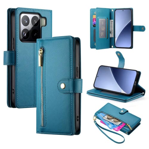 Funda De Cuero Con Cremallera Y Ranuras Para Tarjetas Para Xiaomi 15 (Azul)