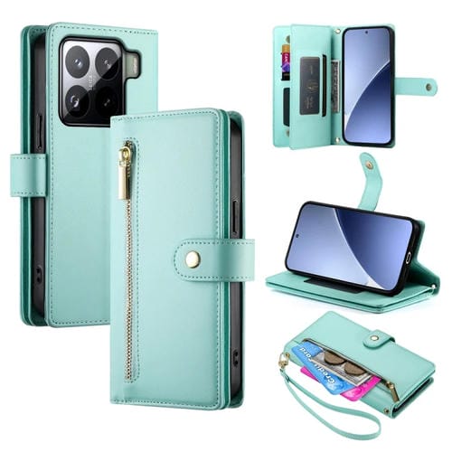Funda De Cuero Con Cremallera Y Ranuras Para Tarjetas Para Xiaomi 15 Pro (Verde Menta)