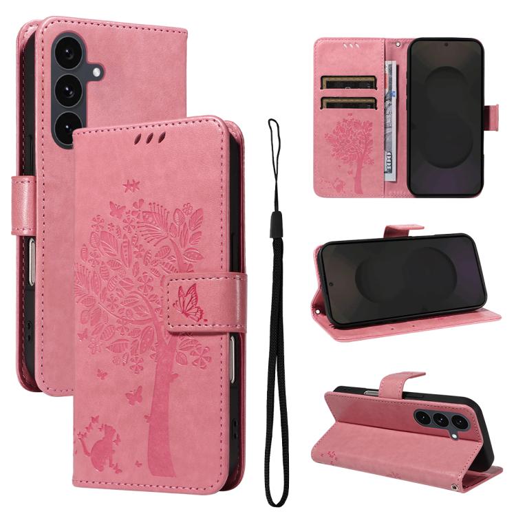 Funda de cuero con tapa y diseño de árbol y gato en relieve para Samsung Galaxy S25 FE 5G (rosa)
