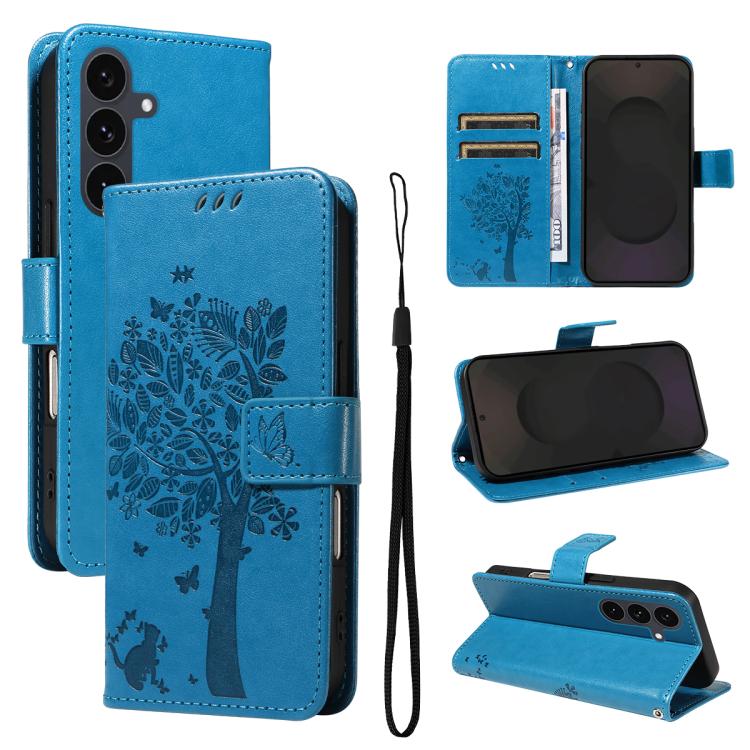Funda de cuero con tapa y diseño de árbol y gato en relieve para Samsung Galaxy S25 FE 5G (azul)