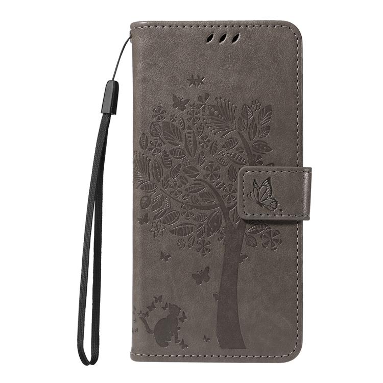 Funda de cuero con tapa y diseño de árbol y gato en relieve para Samsung Galaxy S25 FE 5G (gris)
