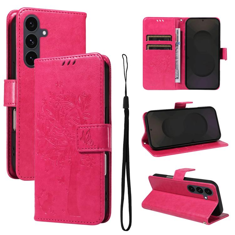 Funda de cuero con tapa y diseño de árbol y gato en relieve para Samsung Galaxy S25 FE 5G (rosa)