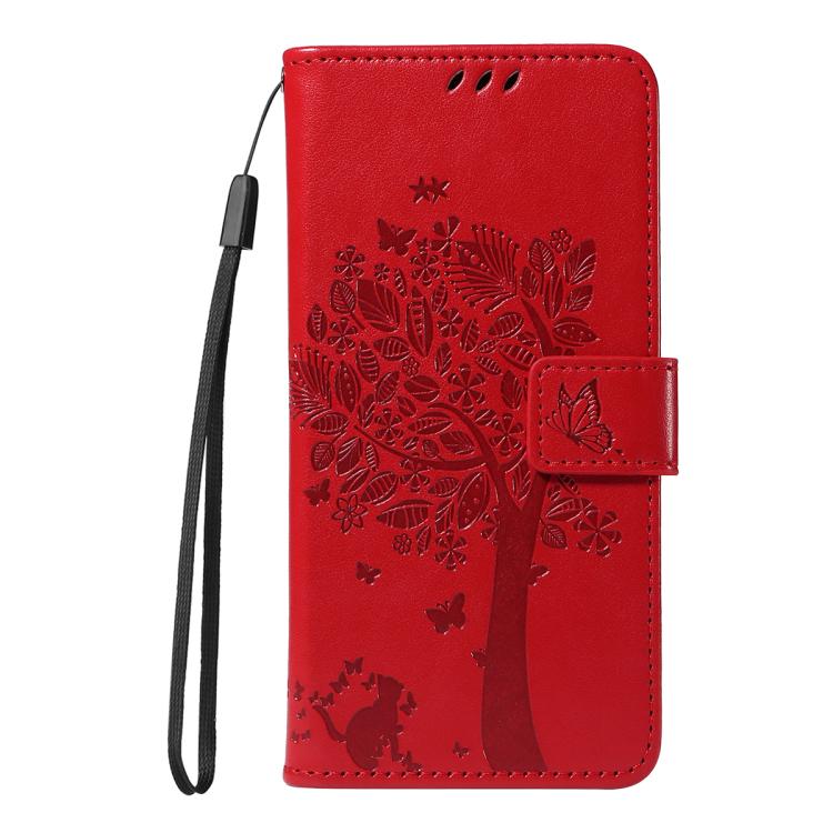 Funda de cuero con tapa y estampado de árbol y gato para Samsung Galaxy S25 FE 5G (roja)