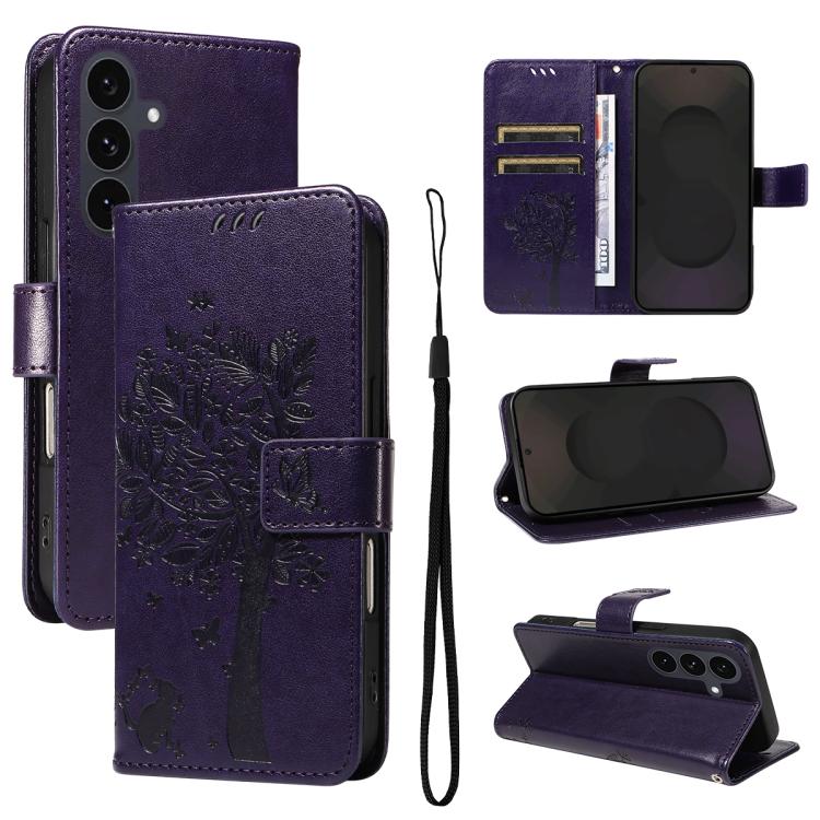 Funda de cuero con tapa para Samsung Galaxy S25 FE 5G con diseño de árbol y gato (morado)
